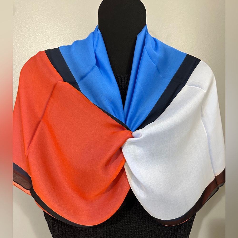 100% silk Scarf Square Extra large color block blue red white